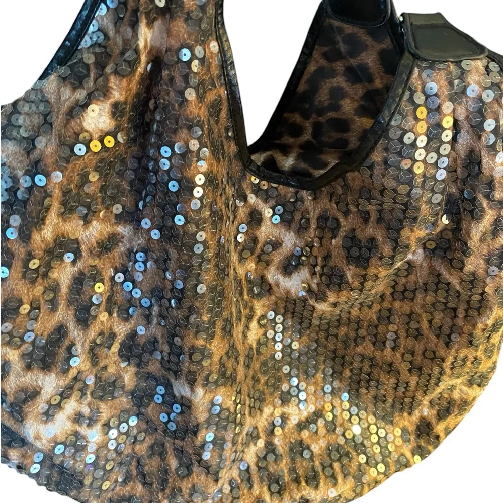 Leopard Print Women's tote XL y2k shoulder bag sequin’s side heavy chain straps - Picture 6 of 12